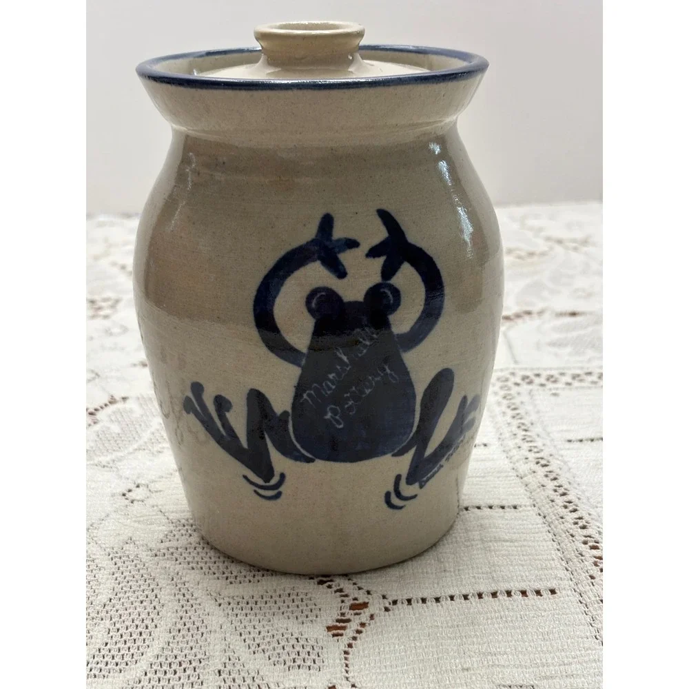 Marshall‎ Pottery Eduardo Rivera Blue Frog Stoneware Crock Jar with Lid Texas